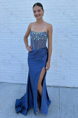 Dusty Blue Prom Dress Strapless Corset Long Formal Dress With Slit