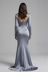 Suzhoufashion Dusty Blue Satin Mermaid Backless Long Sleeves Prom Dress With Slit