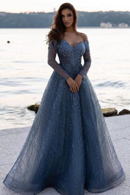 Dusty Blue Sequined A-Line Long Sleeves Sweetheart Prom Dress suzhoufashion Dusty Blue Sequined A-Line Long Sleeves Sweetheart Prom Dress suzhoufashion