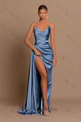 Dusty Blue Sweetheart Evening Prom Dress Mermaid Slit Long Wedding Guest Dress
