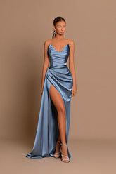 Dusty Blue Sweetheart Evening Prom Dress Mermaid Slit Long Wedding Guest Dress