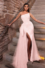 Dusty Pink Prom Dress One Shoulder Ruffle Beadings Mermaid Evening Formal Dress Split with Tulle