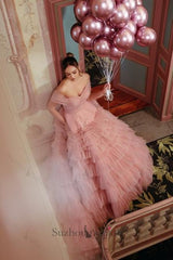 Dusty Rose A Line Prom Dress Strapless Off The Shoulder Sleeves Ball Gown Tulle Formal Dress