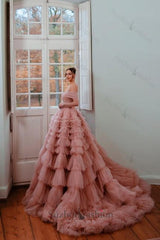 Dusty Rose A Line Prom Dress Strapless Off The Shoulder Sleeves Ball Gown Tulle Formal Dress