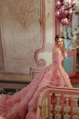 Dusty Rose A Line Prom Dress Strapless Off The Shoulder Sleeves Ball Gown Tulle Formal Dress