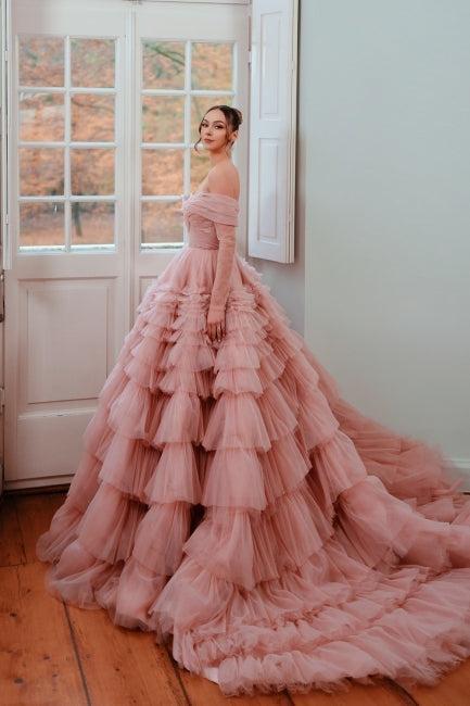 Dusty Rose A Line Prom Dress Strapless Off The Shoulder Sleeves Ball Gown Tulle Formal Dress
