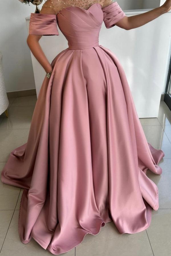 Dusty Rose A Line Satin Rhinestones Formal Dress With Short Sleeves suzhoufashion Dusty Rose A Line Satin Rhinestones Formal Dress With Short Sleeves suzhoufashion