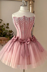 Dusty Rose Pearl Lace Corset Mini Homecoming Dress Triple Bow Waist & Tulle Skirt