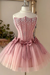 Dusty Rose Pearl Lace Corset Mini Homecoming Dress Triple Bow Waist & Tulle Skirt