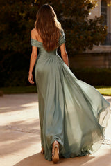 Suzhoufashion Dusty Sage One Shoulder Chiffon Ruched Long Prom Dress With Side Cape