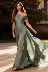 Suzhoufashion Dusty Sage One Shoulder Chiffon Ruched Long Prom Dress With Side Cape
