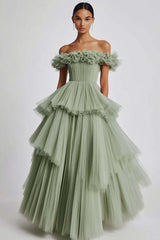 Dusty Sage Prom Dress Tulle Off The Shoulder Ball Gown Formal Dress With Ruffles