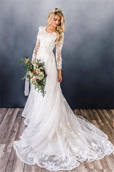 Elegant Appliques A-line Beach Wedding Dresses | Lace Long Sleeve Bridal Gowns Online