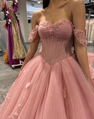 Elegant Ball Gown Off Shoulder 3D Flower Lace Appliques Pink Tulle Quinceanera Dress For Sweet 16