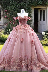 Elegant Ball Gown Off Shoulder 3D Flowers Lace Appliques Pink Tulle Quinceanera Dress For Sweet 16 Dress