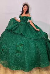 Elegant Ball Gown Off Shoulder Appliques Green Sparkly Tulle Princess Quinceanera Dress For Sweet 16