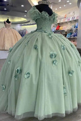 Elegant Ball Gown Off Shoulder Beaded 3D Flower Appliques Mint Green Tulle Quinceanera Dress For Sweet 16