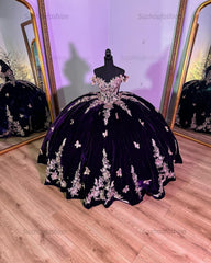 Elegant Ball Gown Off Shoulder Beaded Gold Flowers Butterfly Appliques Dark Purple Velvet Quinceanera Dress For Sweet 16