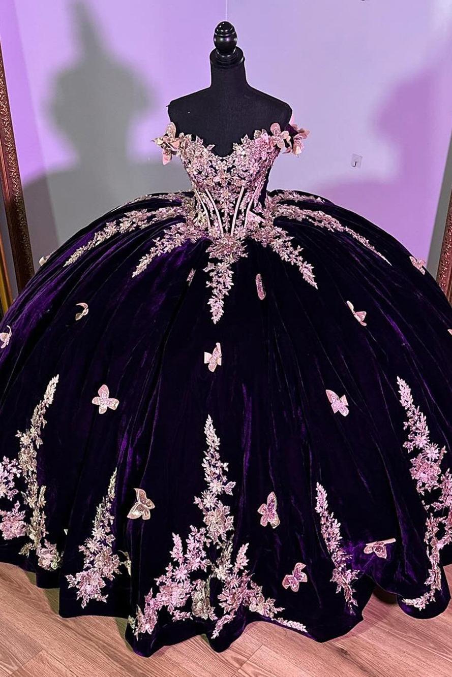 Elegant Ball Gown Off Shoulder Beaded Gold Flowers Butterfly Appliques Dark Purple Velvet Quinceanera Dress For Sweet 16 Elegant Ball Gown Off Shoulder Beaded Gold Flowers Butterfly Appliques Dark Purple Velvet Quinceanera Dress For Sweet 16