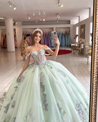 Elegant Ball Gown Off Shoulder Corset 3D Flowers Lace Appliques Mint Green Tulle Princess Dress Quinceanera Dress For Sweet 16