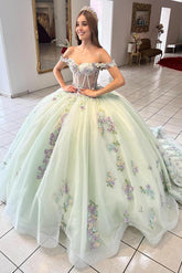 Elegant Ball Gown Off Shoulder Corset 3D Flowers Lace Appliques Mint Green Tulle Princess Dress Quinceanera Dress For Sweet 16
