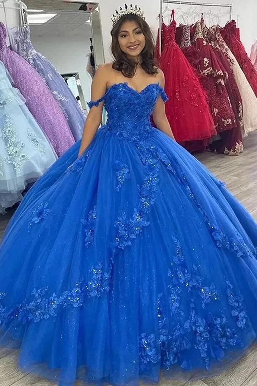 Elegant Ball Gown Off Shoulder Flowers Lace Appliques Beaded Royal Blue Tulle Quinceanera Dress For Sweet 16