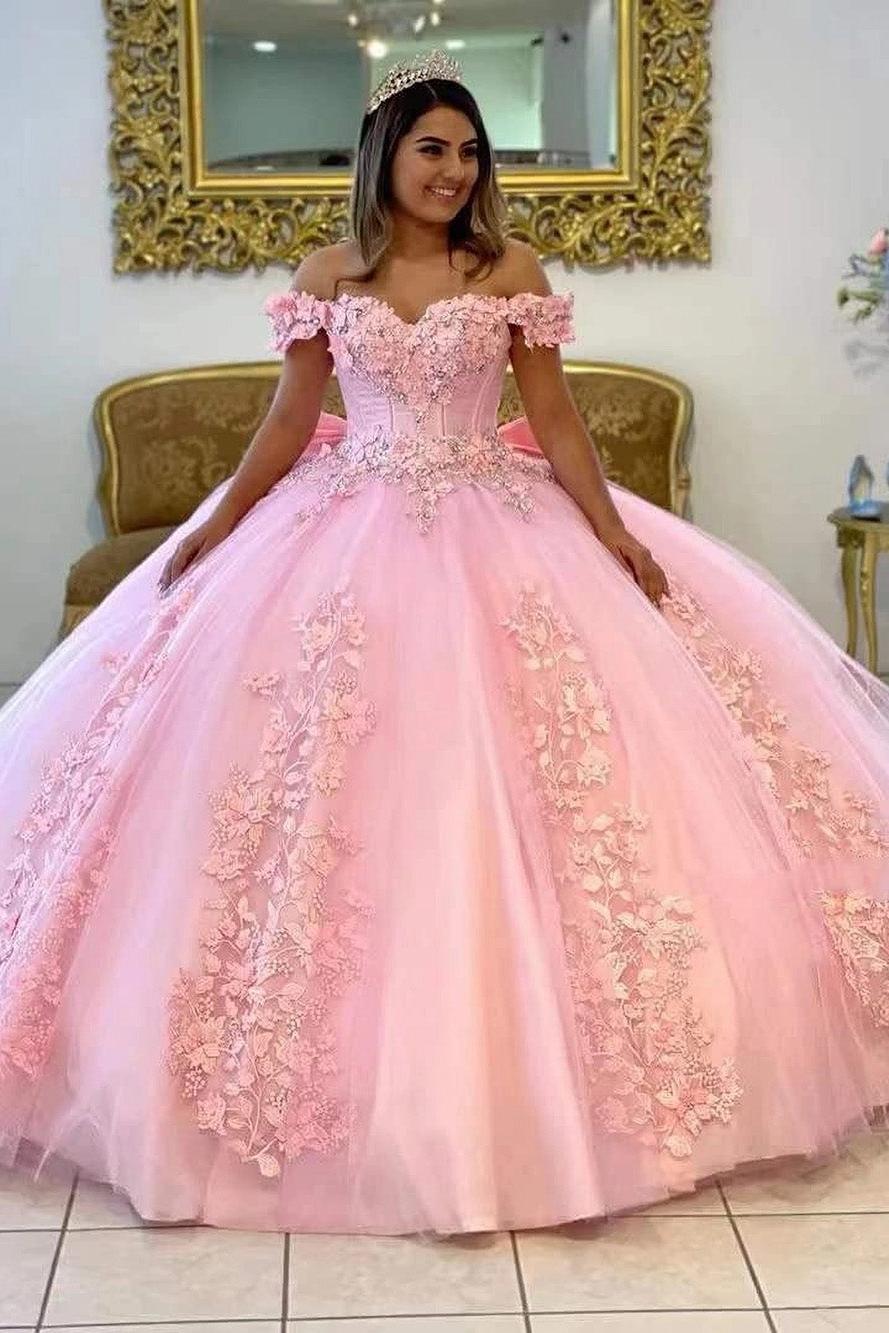 Elegant Ball Gown Off Shoulder Lace Appliques Beaded Pink Tulle Quinceanera Dress For Sweet 16