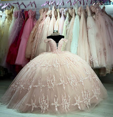 Elegant Ball Gown Off Shoulder Lace Appliques Bow Knot Pink Tulle Quinceanera Dress Princess Birthday Party For Sweet 16