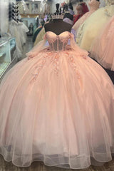 Elegant Ball Gown Off Shoulder Long Sleeves Beaded 3D Flowers Appliques Quinceanera Dress For Sweet 16