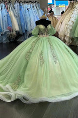 Elegant Ball Gown Off Shoulder Sequins Lace Appliques Princess Sage Green Tulle Quinceanera Dress For Sweet 16