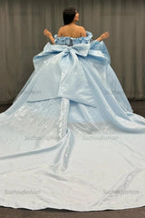 Elegant Ball Gown Off Shoulder Sleeveless Beaded Sequins Appliques Pleated Big Bow Knot Baby Blue Satin Quinceanera Dress Birthday Party Dress For Sweet 16
