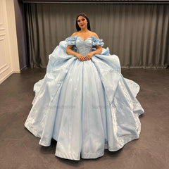 Elegant Ball Gown Off Shoulder Sleeveless Beaded Sequins Appliques Pleated Big Bow Knot Baby Blue Satin Quinceanera Dress Birthday Party Dress For Sweet 16