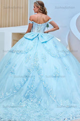 Elegant Ball Gown Off Shoulder Sleeveless Fully Appliques Lace Up Tiered Bow Knot Baby Blue Tulle Quinceanera Dress Birthday Party Dress For Sweet 16