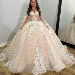 Elegant Ball Gown Off Shoulder Sleeveless Lace Appliques Sweep Train Tulle Quinceanera Dress For Sweet 16