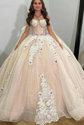 Elegant Ball Gown Off Shoulder Sleeveless Lace Appliques Sweep Train Tulle Quinceanera Dress For Sweet 16