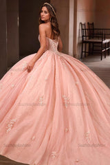 Elegant Ball Gown Sweetheart Neck Spaghetti Straps Flower Lace Appliques Pink Tulle Quinceanera Dress Evening Party Gown