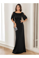 Elegant Black Long Mother of the Bride Dress with Round Neck and Half Sleeves
