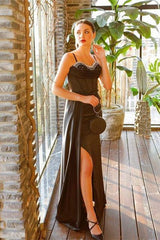 Elegant Black Mermaid Straps Evening Dress With Split Sequined