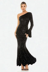 Suzhoufashion Elegant Black One Shoulder Mermaid Long Sequins Prom Dress With Sleeves
