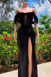 Elegant Black Velvet Off-The-Shoulder Mermaid Sleeveless Prom Dresses With Slit
