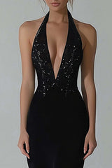 Elegant Black Wedding Guest Dress Halter Mermaid Formal Dress With Slit