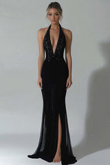Elegant Black Wedding Guest Dress Halter Mermaid Formal Dress With Slit