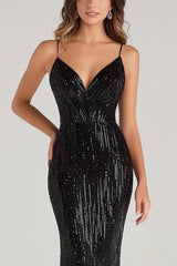 Elegant Black Wedding Guest Dress Mermaid Spaghetti Straps Formal Dress