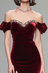 Elegant Burgundy Mermaid Long Velvet Holiday Party Dress With Beading