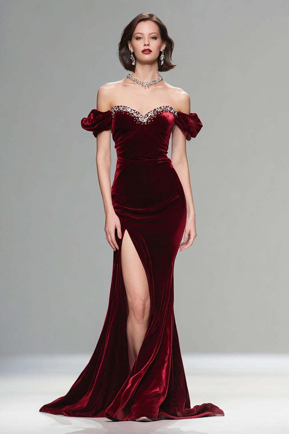 Elegant Burgundy Mermaid Long Velvet Holiday Party Dress With Beading
