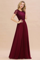 Elegant Chiffon Lace Short Sleeves Long Elegant Bridesmaid Dress