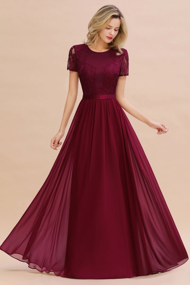 Elegant Chiffon Lace Short Sleeves Long Elegant Bridesmaid Dress