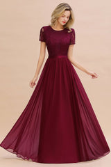 Elegant Chiffon Lace Short Sleeves Long Elegant Bridesmaid Dress