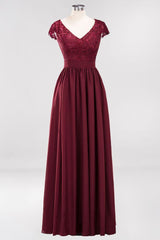 Elegant Chiffon Lace Sleeveless V-Neck Long Bridesmaid Dresses with Ruffles
