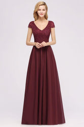 Elegant Chiffon Lace Sleeveless V-Neck Long Bridesmaid Dresses with Ruffles